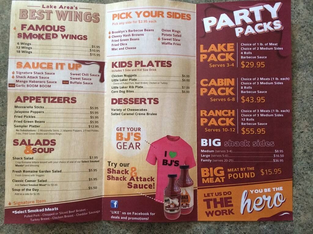 BJ's Barbeque Shack Menu, Menu for BJ's Barbeque Shack, Detroit Lakes