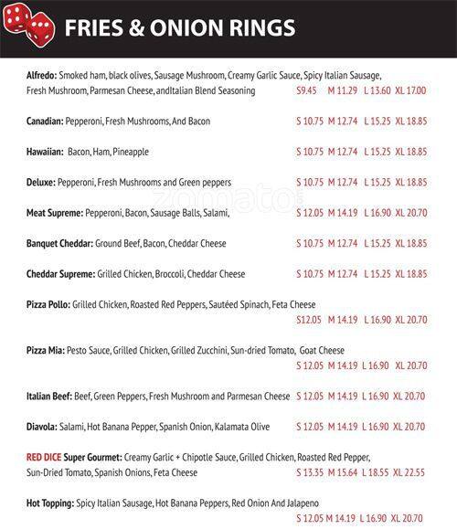 Menu au Red Dice pizzeria, Toronto