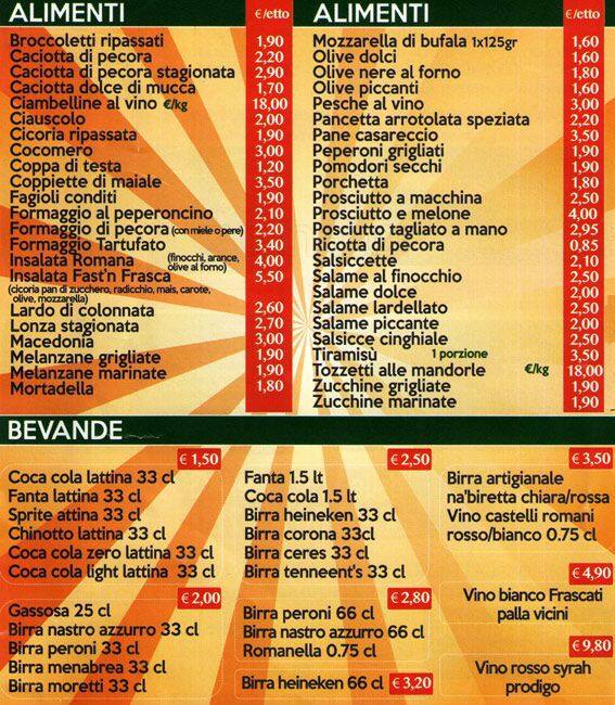 Menu at Martelli, Rome, Via di Torre Argentina