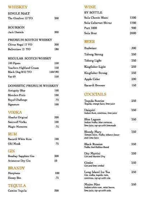 The Cliff - Rooftop Bar & Lounge menu