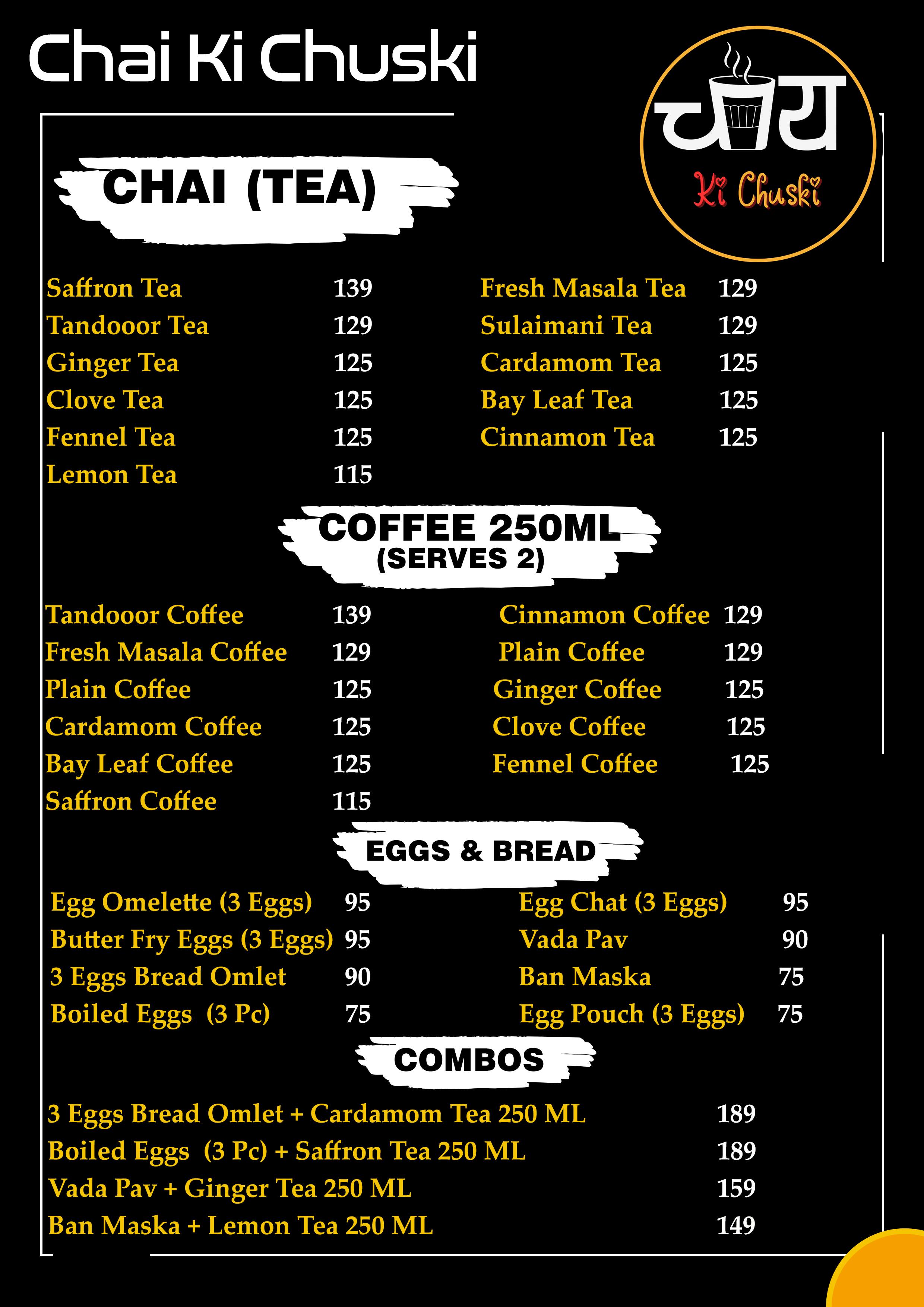 Menu of Chai Ki Chuski, HSR, Bangalore