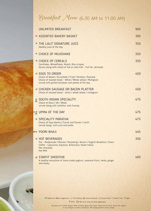 Menu at 24x7 in Lalit Ashok, Bengaluru