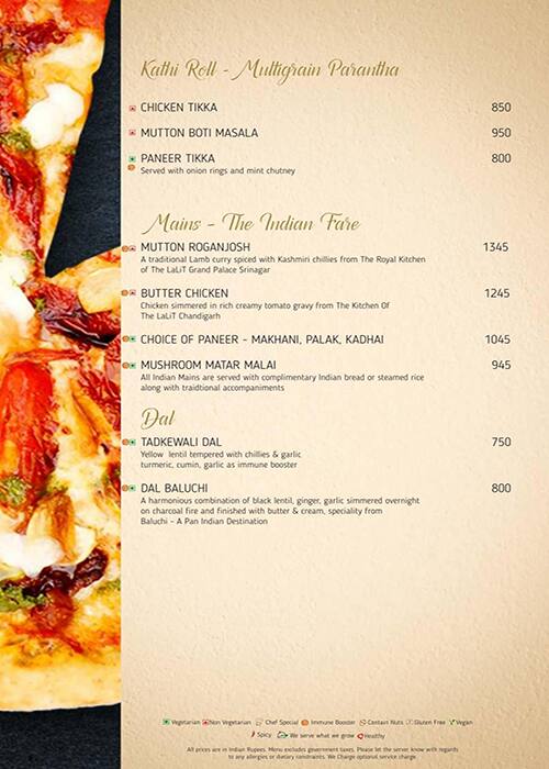 Menu at 24x7 in Lalit Ashok, Bengaluru