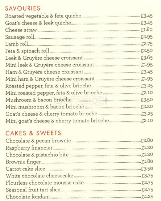 Menu at Gail's Bakery, London, 167 Haverstock Hill