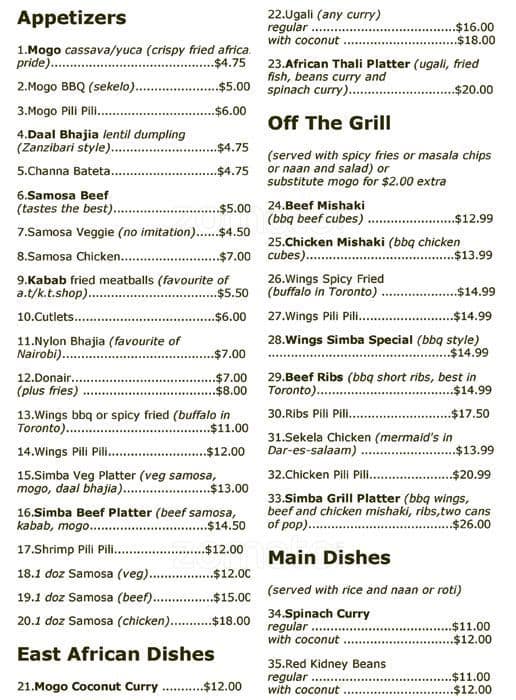 Simba Grill Menu Menu For Simba Grill Old East York Toronto Urbanspoonzomato 7258