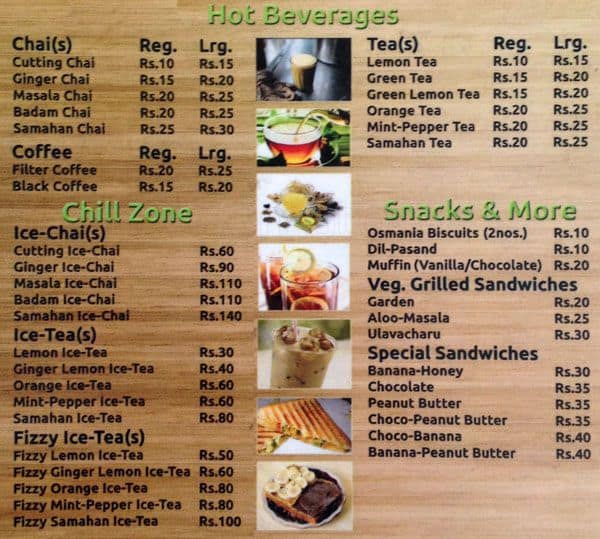 Menu at Tea house, Hyderabad, 110/2RT