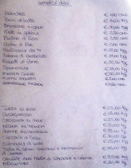 Menu di Panetteria Barbadomo 