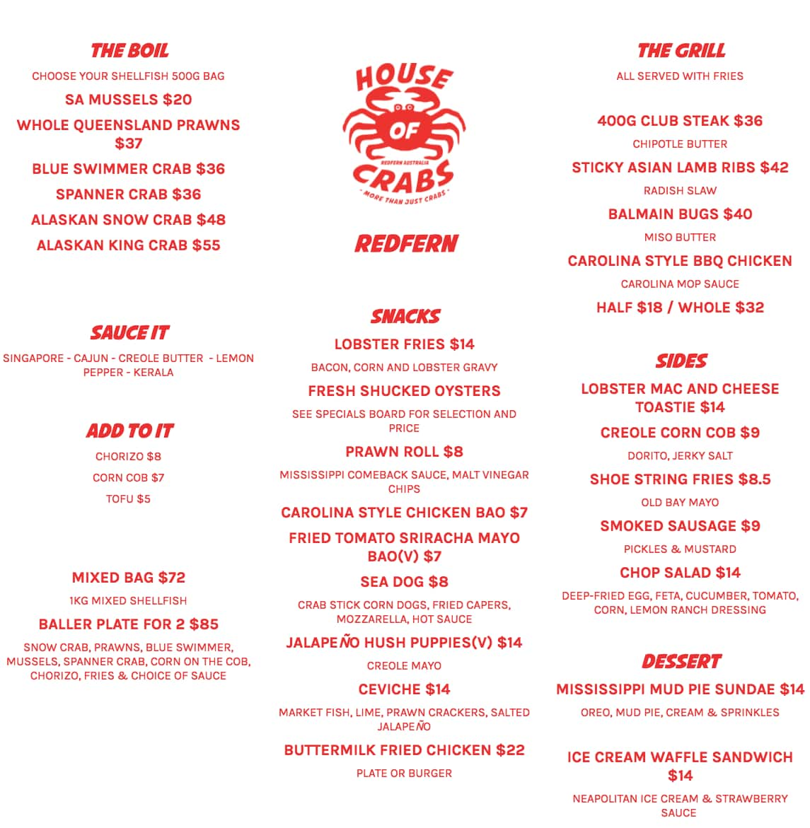 House of Crabs Menu, Menu for House of Crabs, Redfern, Sydney