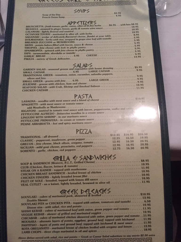 Menu at Grecos restaurant, Kingston