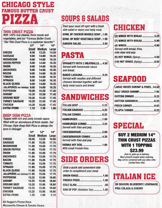Reggio's Pizza Menu, Menu for Reggio's Pizza, Airport Chicago O'Hare