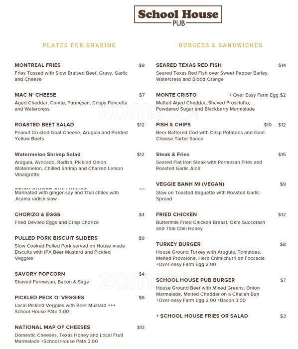 School House Pub Menu, Menu for School House Pub, Cherrywood, Austin