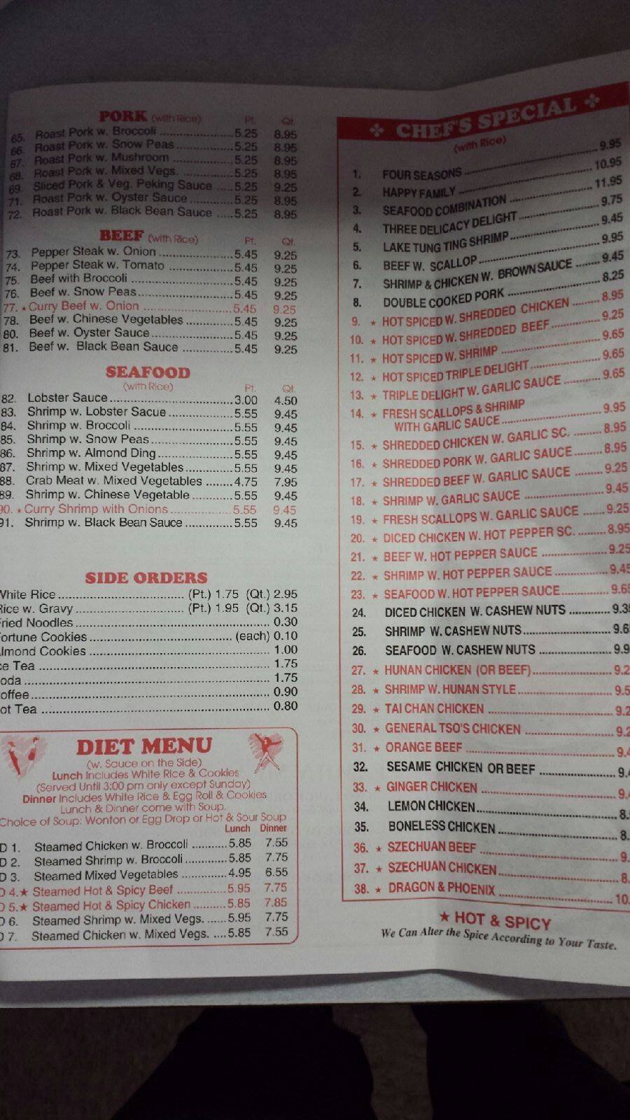 Menu at Peking restaurant, Canton