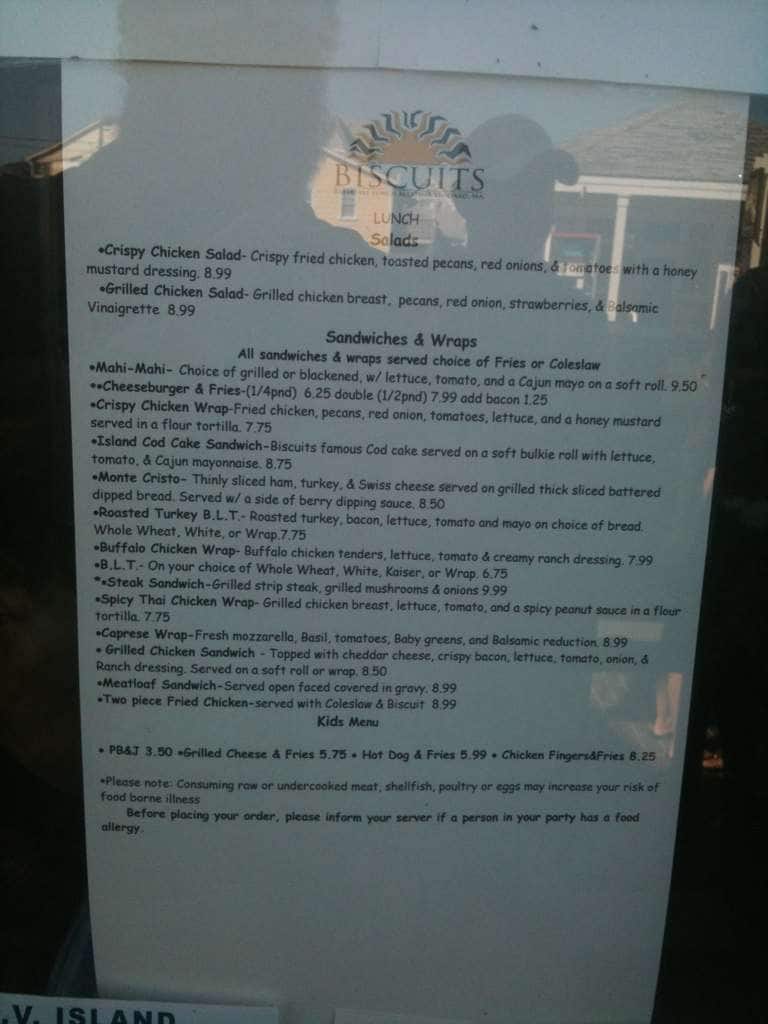 Menu at Biscuits restaurant, Oak Bluffs