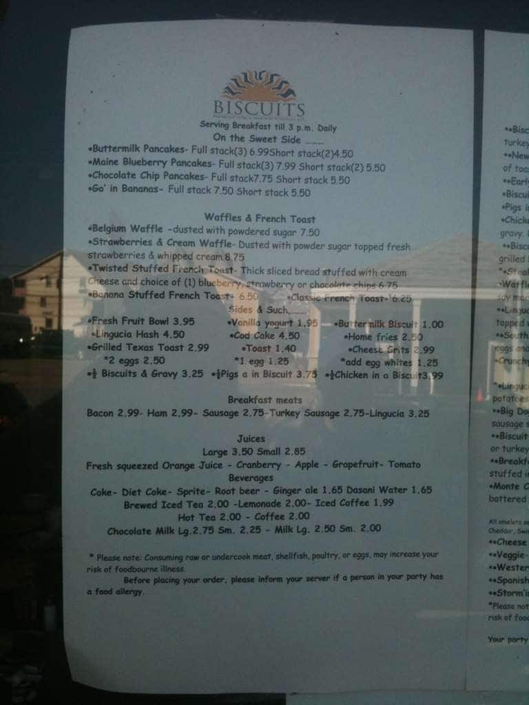 Menu at Biscuits restaurant, Oak Bluffs