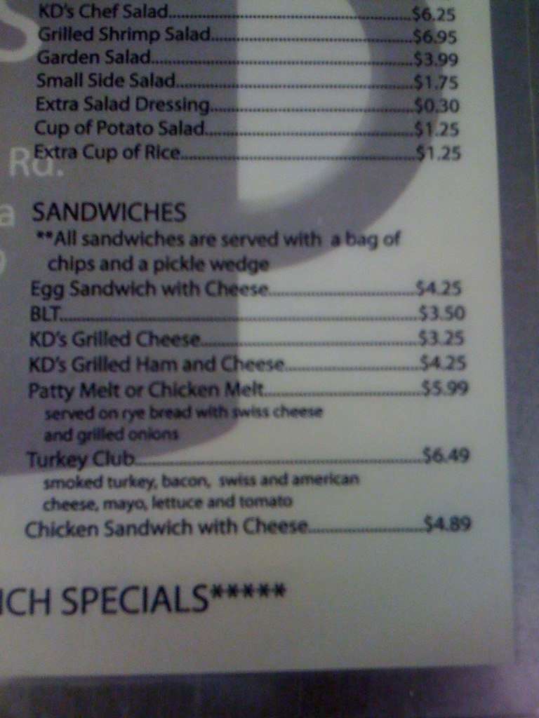 Menu at KD's restaurant, Lake Charles