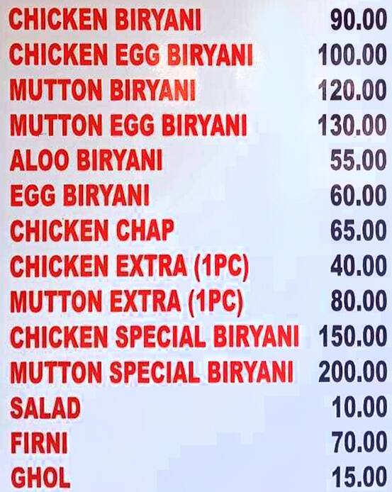 Menu of Albela Biryani Palace, Chinar Park, Kolkata