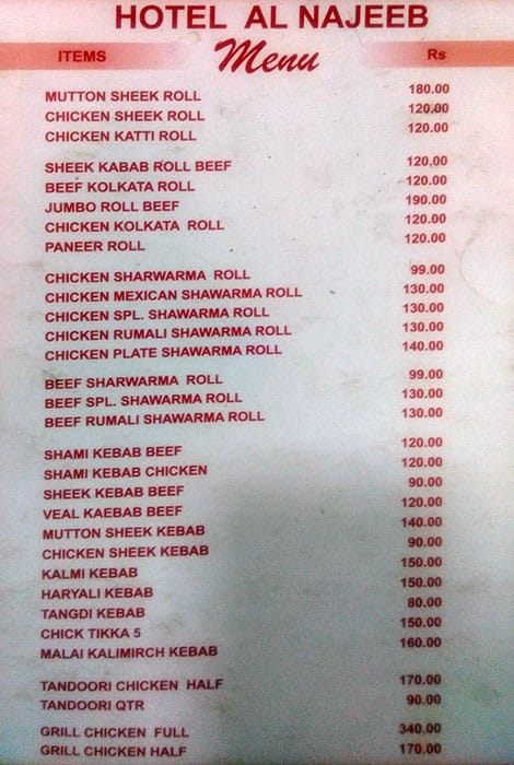 Hotel Al-Najeeb Nawab of Kebab menu
