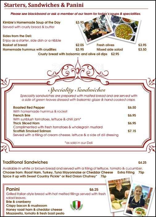 Menu at KIMBLE'S cafe, Glasgow, St Enoch Centre