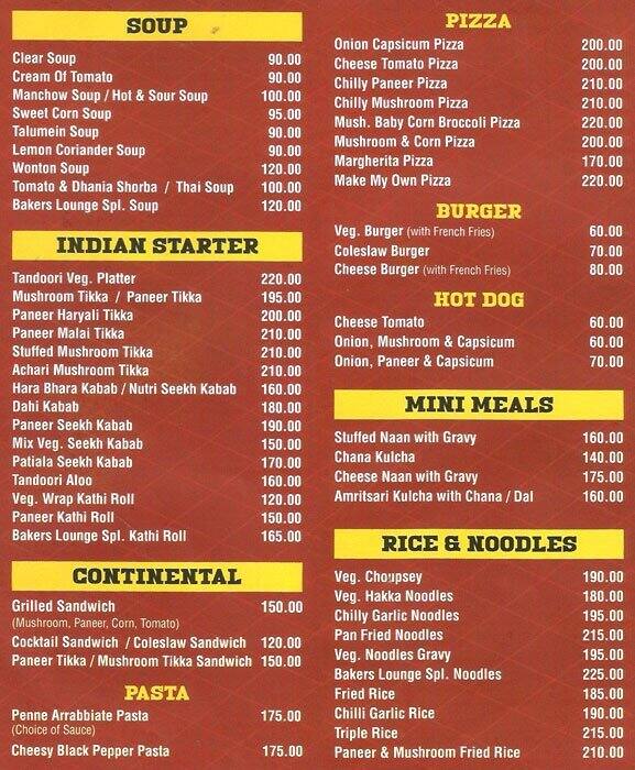 Baker's Lounge Menu, Menu for Baker's Lounge, Civil Lines, Ludhiana