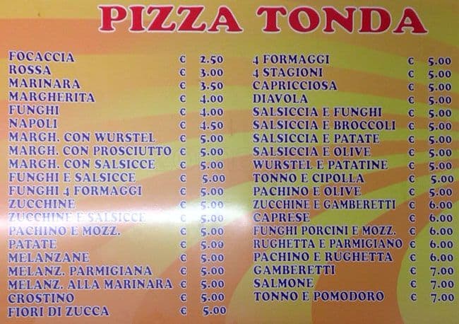 Menu di Pizza Light 