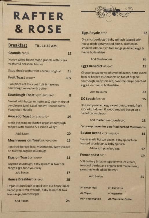 Rafter & Rose Menu, Menu for Rafter & Rose, Ipswich, Brisbane
