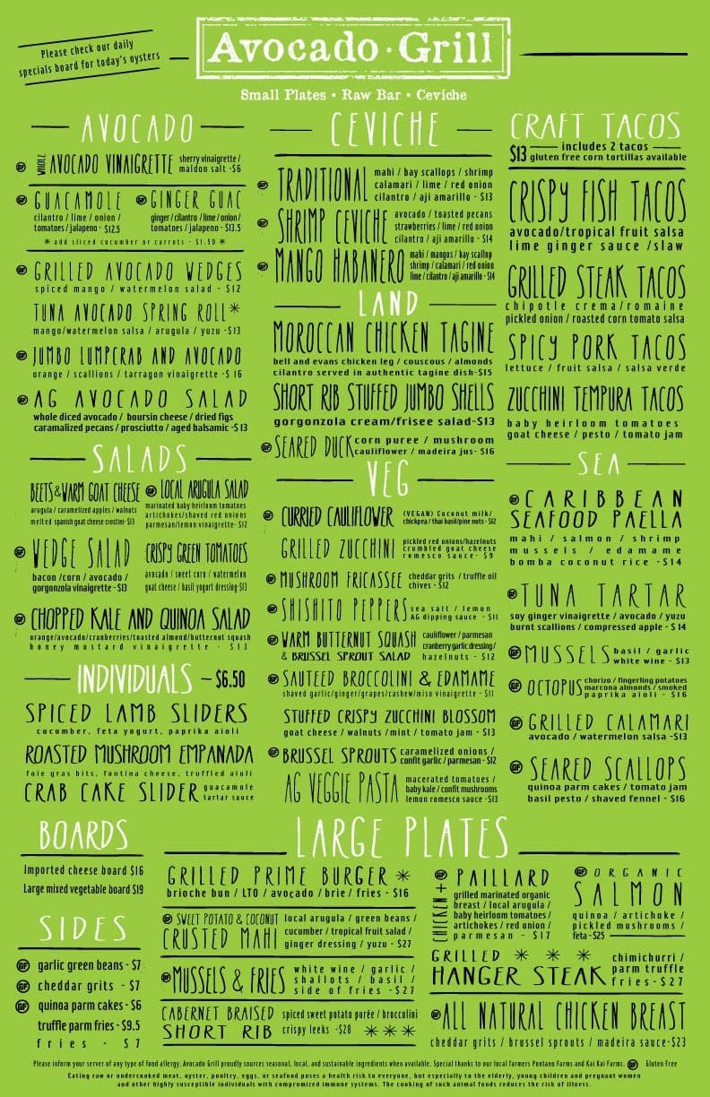 Menu at Avocado Grill restaurant, West Palm Beach