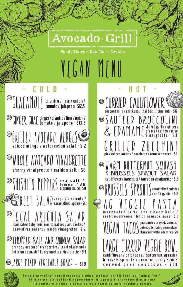 Menu at Avocado Grill restaurant, West Palm Beach