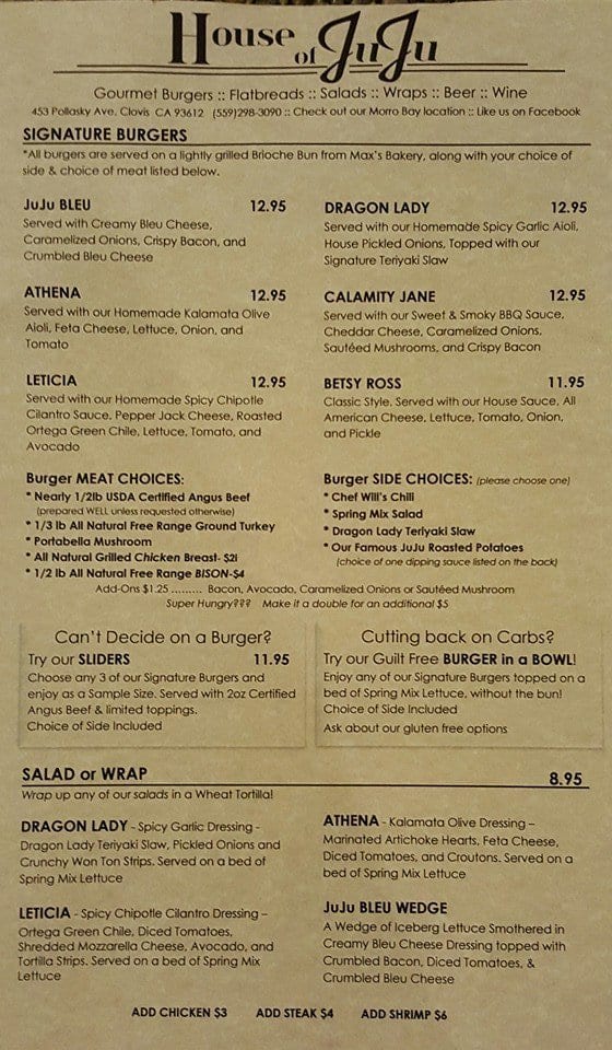 House of JuJu Menu, Menu for House of JuJu, Old Town Clovis, Fresno