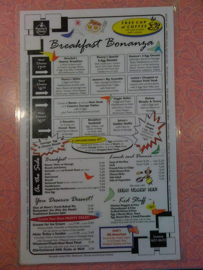 Penny's Diner Menu, Menu for Penny's Diner, Livonia, Baton Rouge