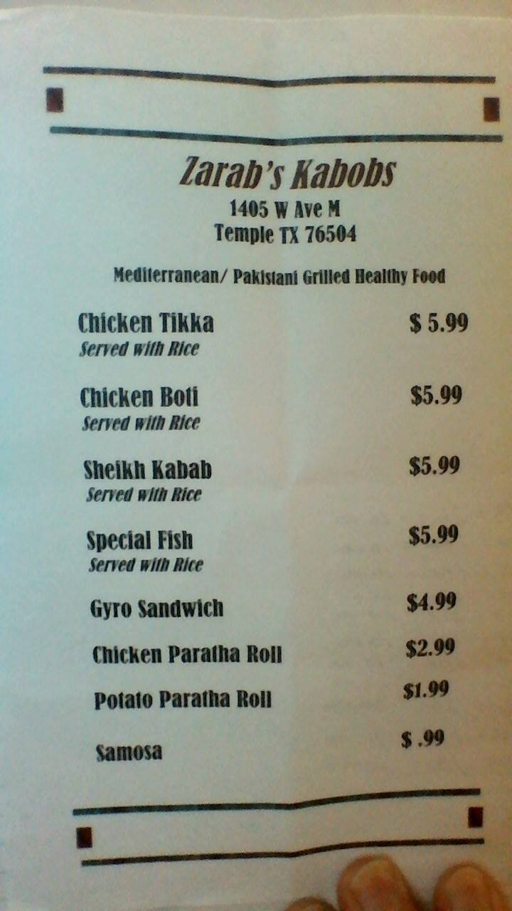Zarab's Kabobs Menu, Menu for Zarab's Kabobs, Temple, Killeen