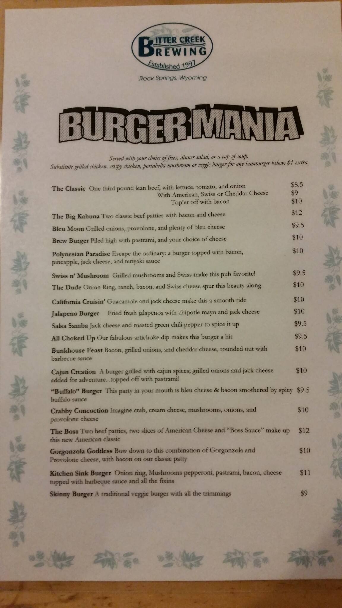 Bitter Creek Brewing Menu, Menu for Bitter Creek Brewing, Rock Springs