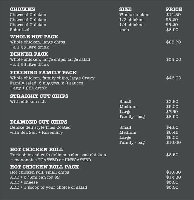 Firebird Charcoal Chicken Menu Urbanspoon/Zomato