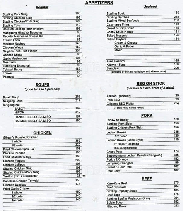 Giligan's Menu, Menu for Giligan's, Mall of Asia Complex (MOA), Pasay