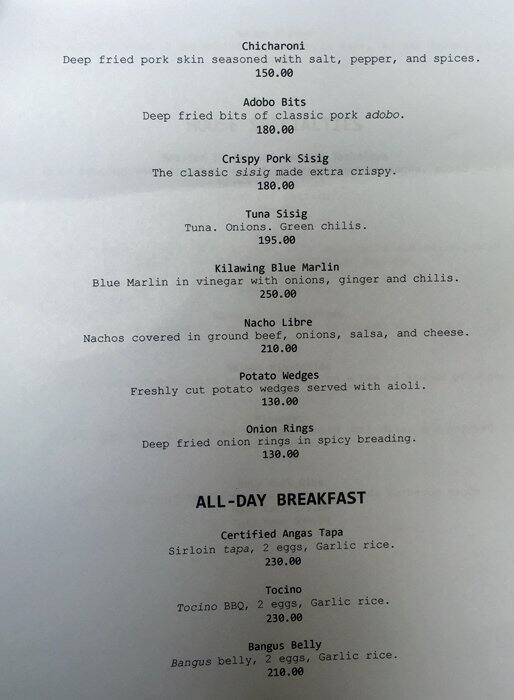 Menu at The Plantation Bar and Bistro, Makati, 102 Valero SALCEDO VILLAGE