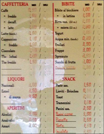 Menu di Bar Tabacchi Caffè 