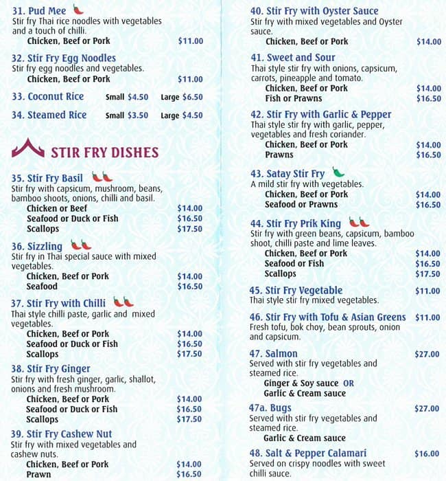 Menu at Lanna Thai Restaurant, Carseldine