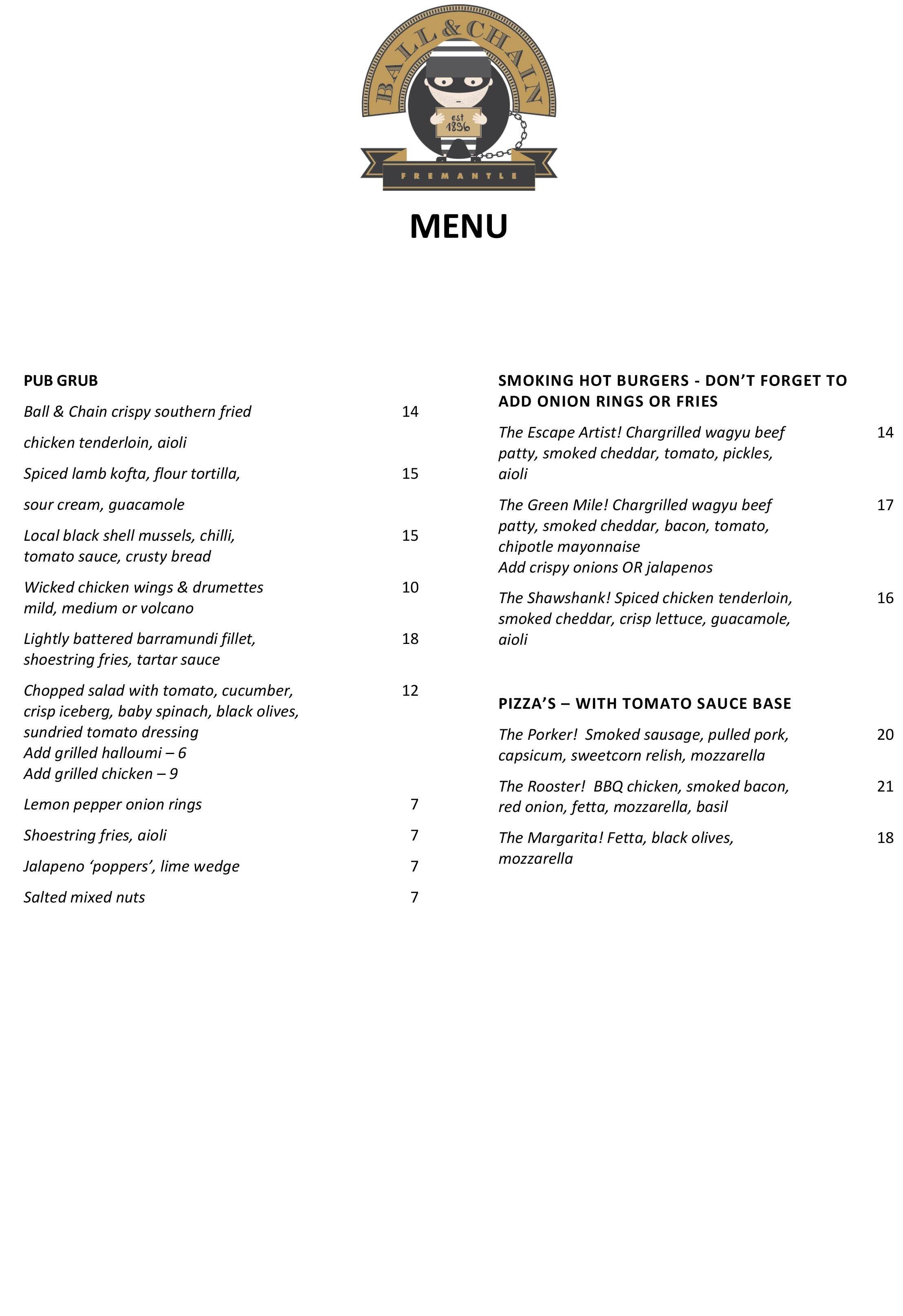 Menu at Ball & Chain pub & bar, Fremantle, Marine Terrace