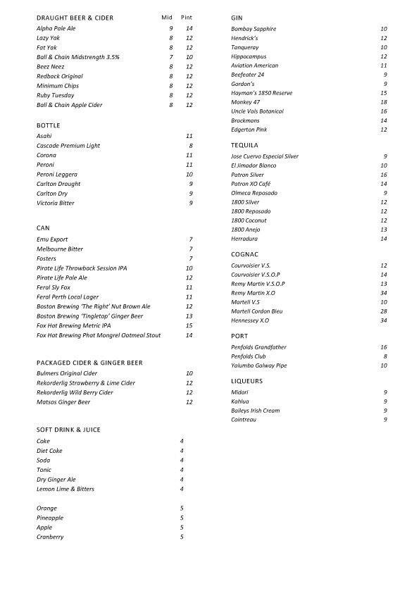 Menu at Ball & Chain pub & bar, Fremantle, Marine Terrace