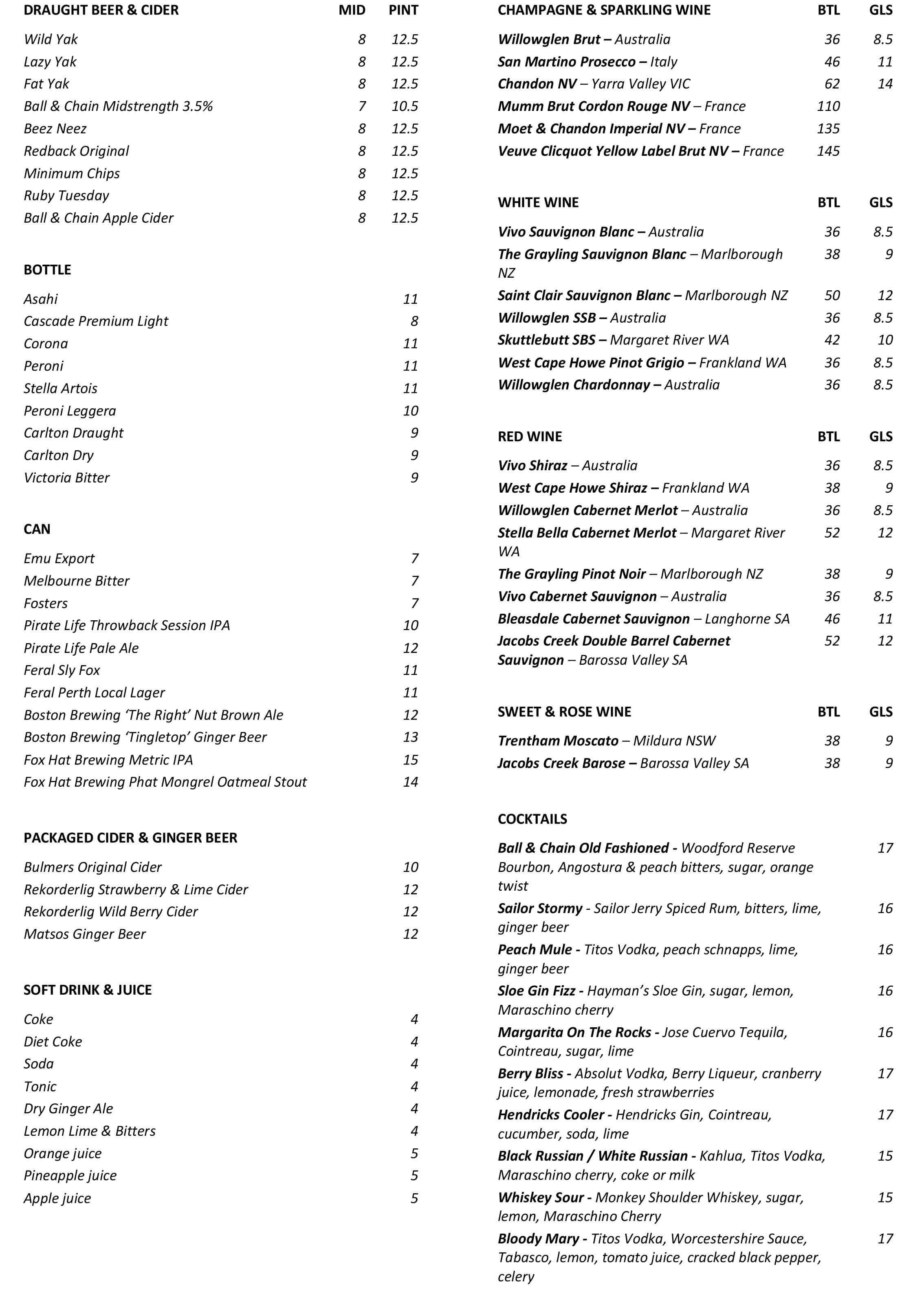 Menu at Ball & Chain pub & bar, Fremantle, Marine Terrace