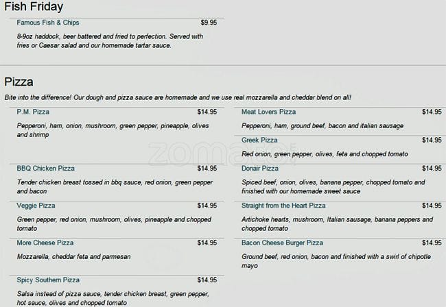 PM Lounge menu