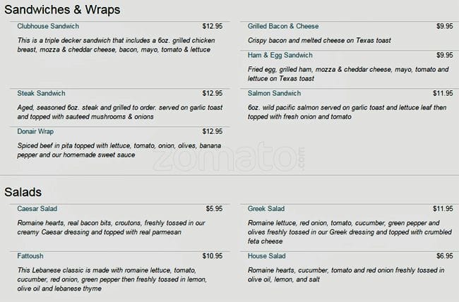 PM Lounge menu