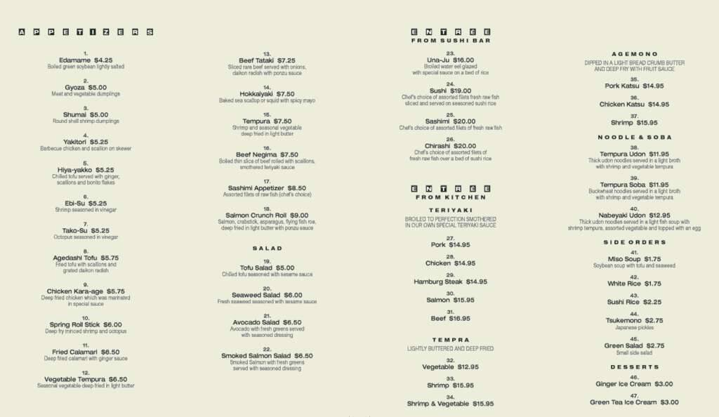 Wanokura Restaurant Menu, Menu for Wanokura Restaurant, Milford, Boston