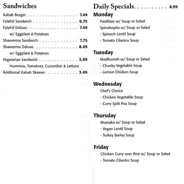 Menu at Arabi restaurant, San Francisco