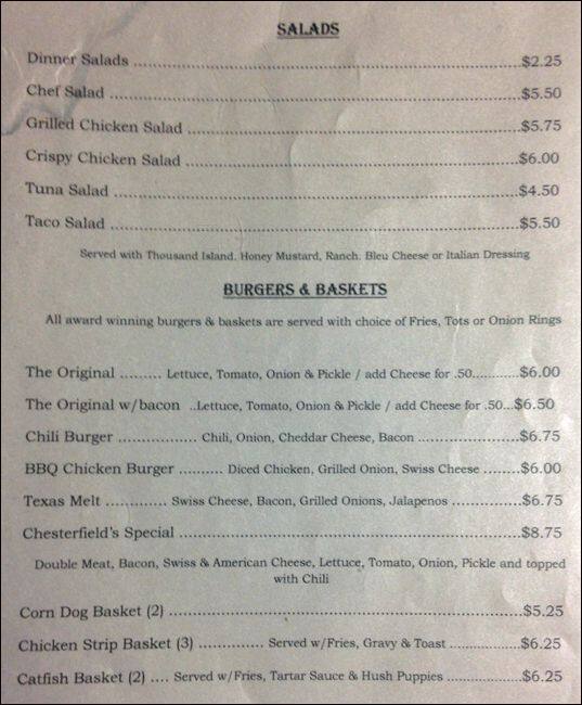 Menu at Chesterfield's Food and Spirits pub & bar, Dallas