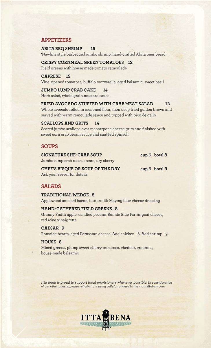 Menu at Itta Bena restaurant, Memphis, 145 Beale St
