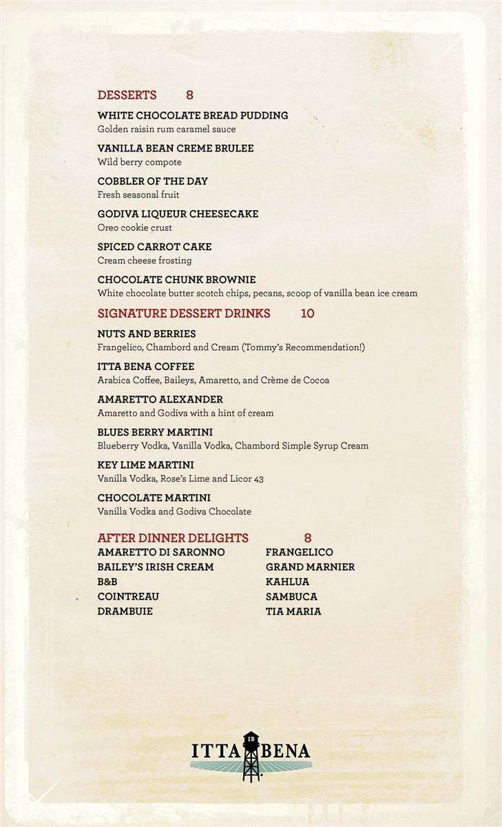 Menu at Itta Bena restaurant, Memphis, 145 Beale St