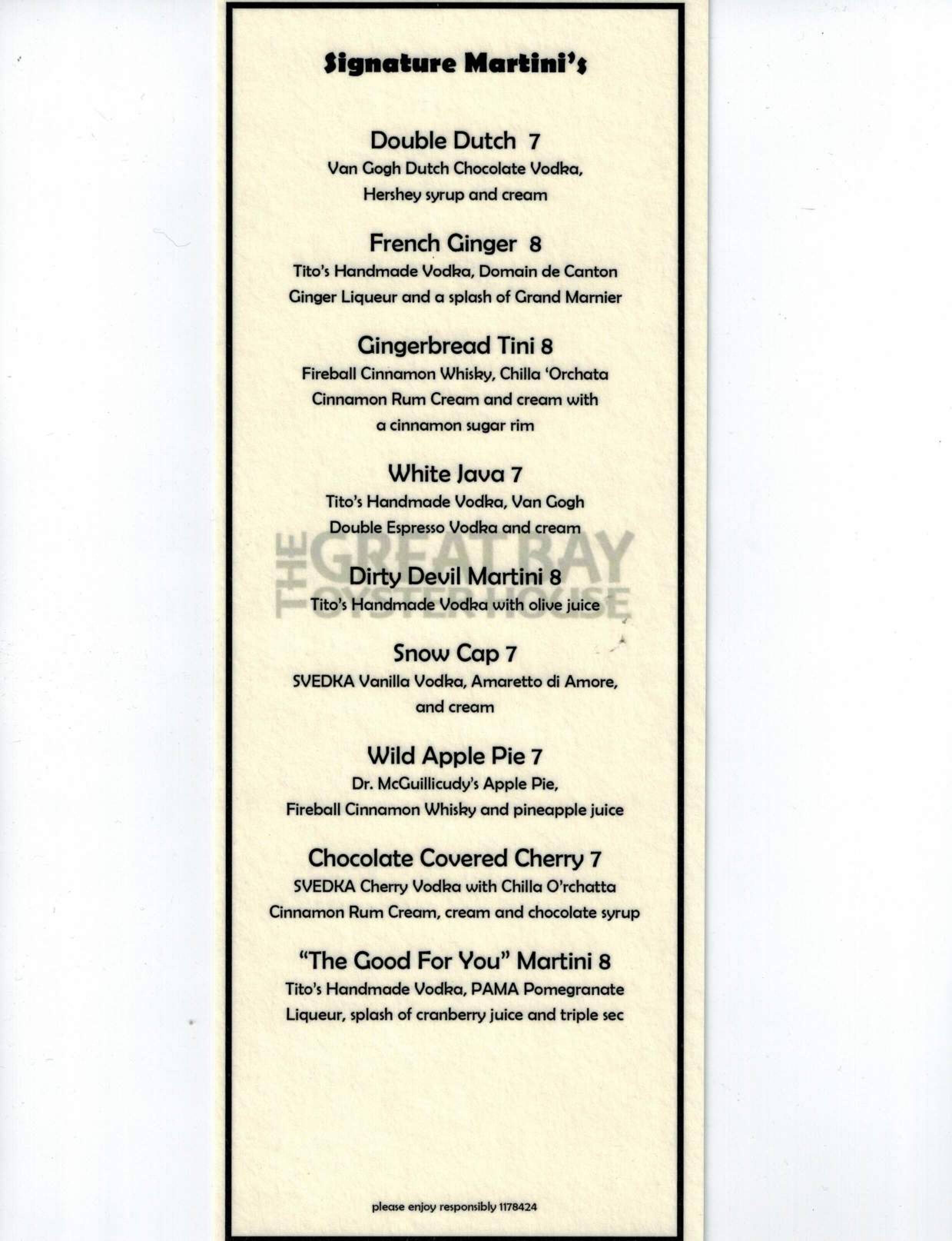 Menu at The Great Bay Oyster House restaurant, Greer