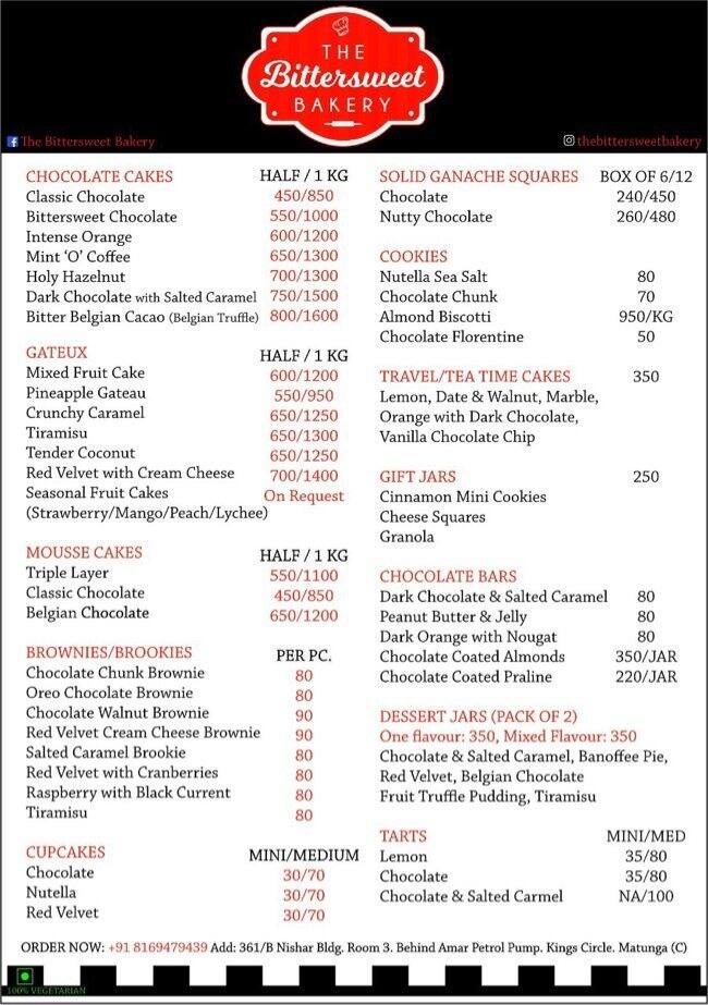 The Bittersweet Bakery Menu, Menu for The Bittersweet Bakery, Matunga