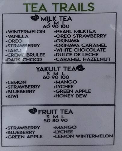 Carta de Tea Trails Milk Tea