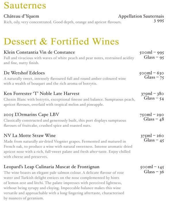 Menu at Pierneef à La Motte Restaurant, Franschhoek